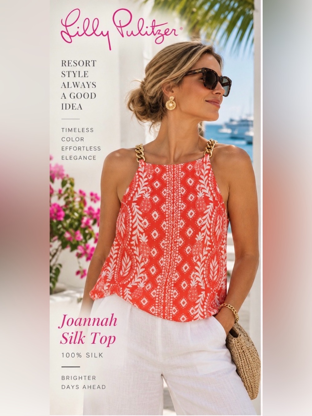 Lilly Pulitzer Joannah Silk Top Flamingo Feather Gold Chain NWT Size 6